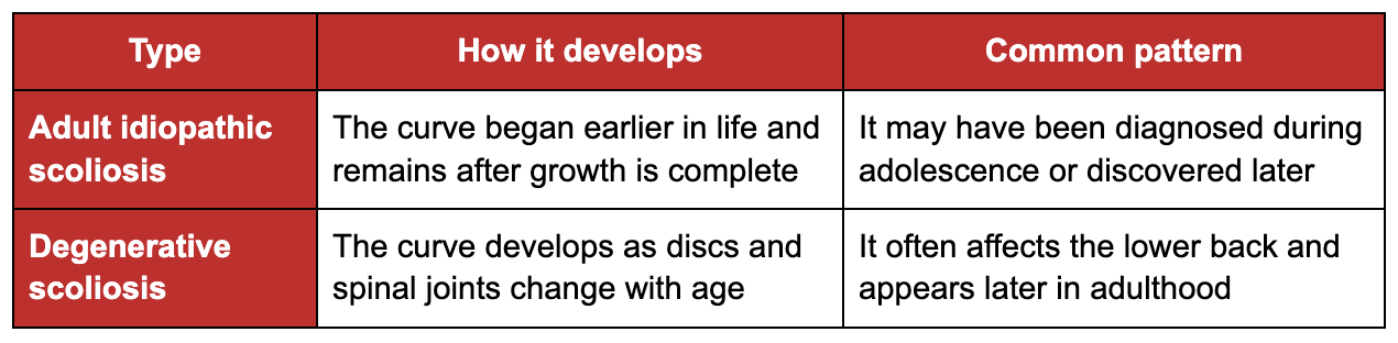 Types of scoliosis in adults and how they develop